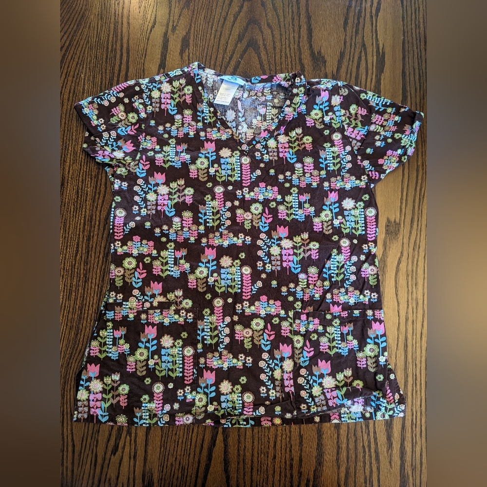 Brown floral scrub top